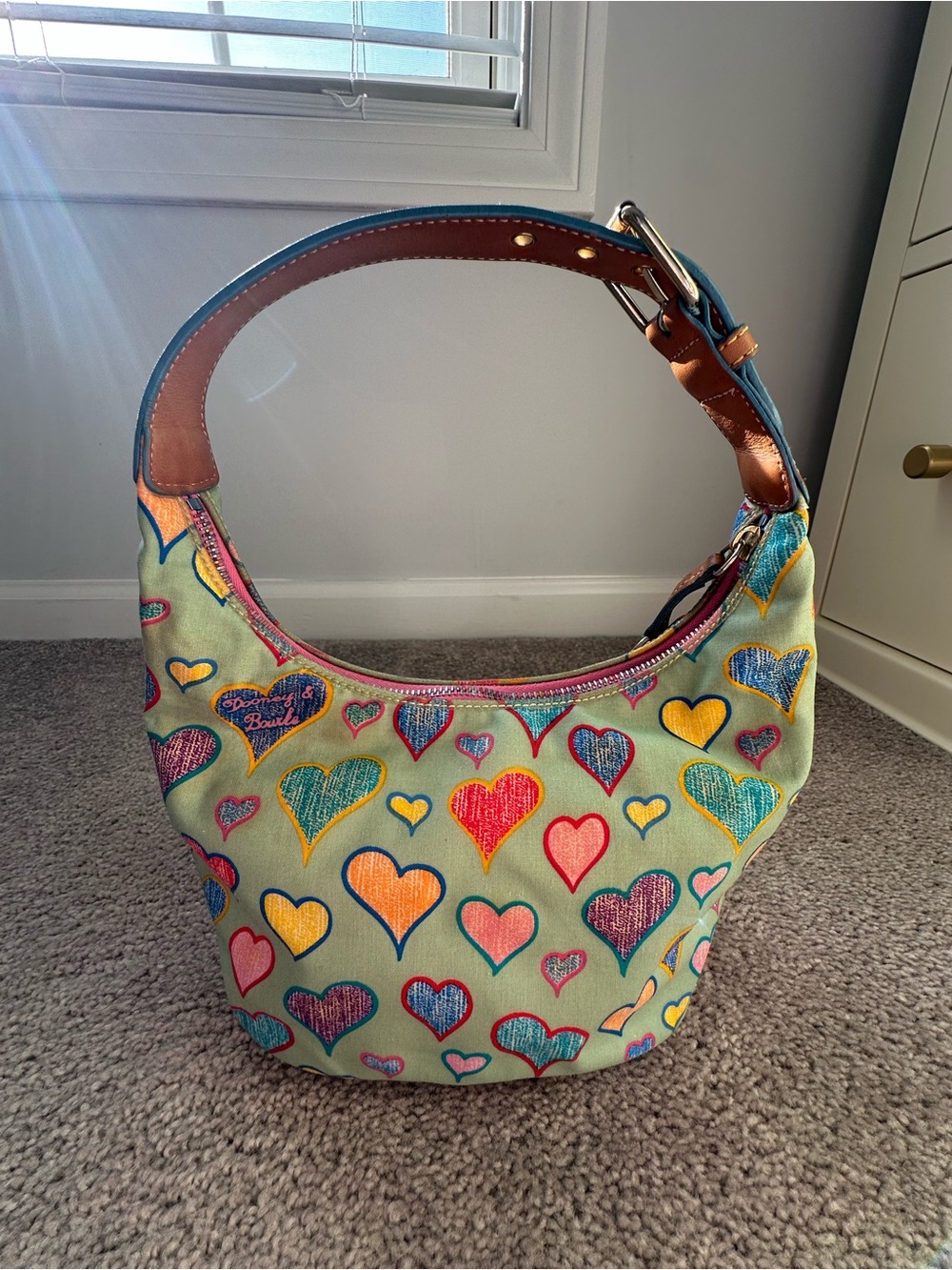 Dooney & Bourke Vintage Doodle Hearts Bucket Bag Green Lindsay Lohan - Picture 2 of 7